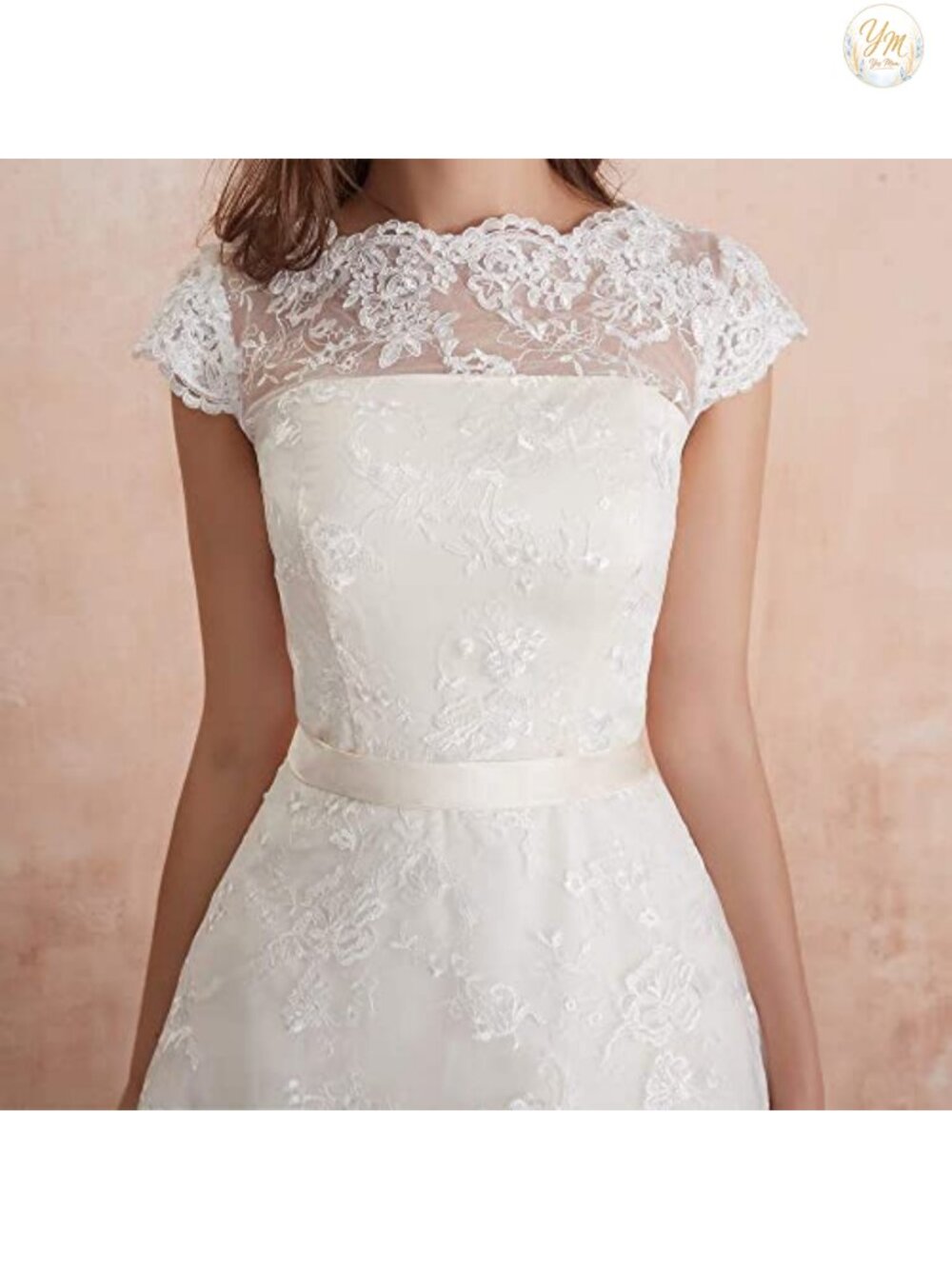 Womens Knee-Length Wedding Dress Cap Sleeve Lace Neckline Ball Gown - Picture 5 of 6